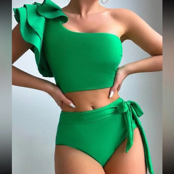 Black Swimsuit Swear wear Ruffle Trim One Shoulder Top High Waist Bottom - Picture 10 of 15